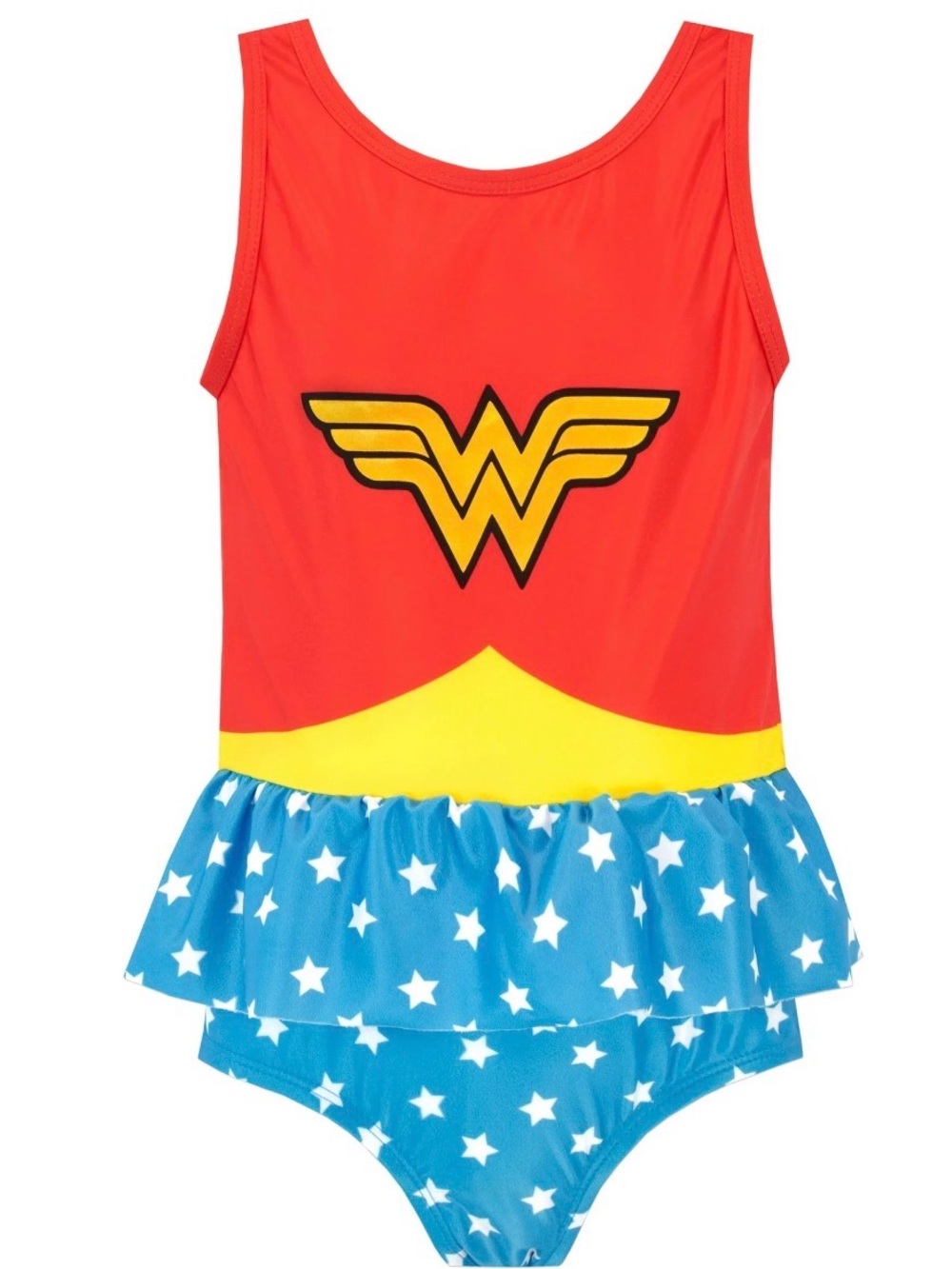 Wonder-Women Inspired Girls' Red, Yellow & Blue Star Skirted Swim Suit Size 5